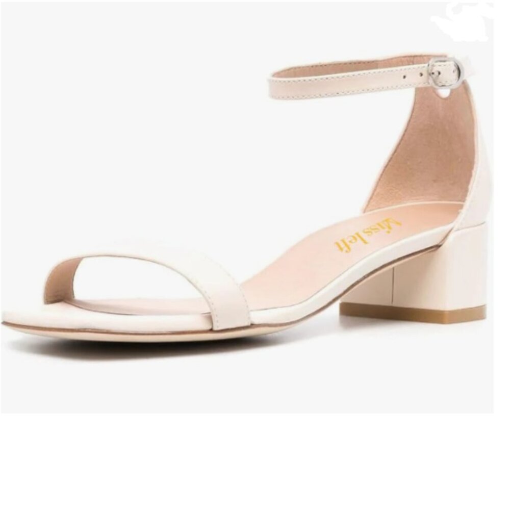 miss left White Open Square Toe Sandals Ankle Strap Low Chunky Heels Shoes